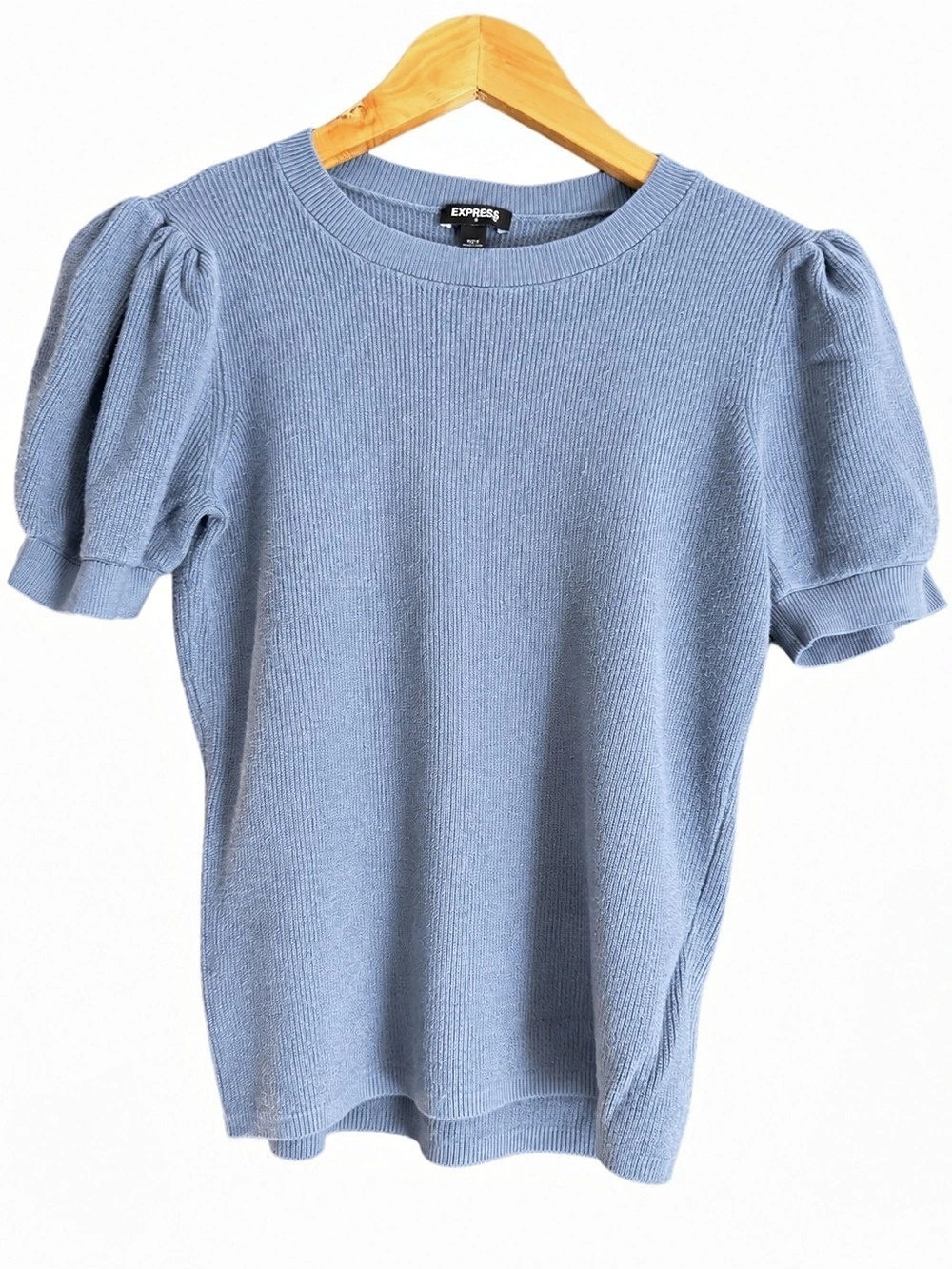 Express Ribbed Crew Neck Puff Sleeve Sweater Puff Sleeve Sweater in Blue Medium